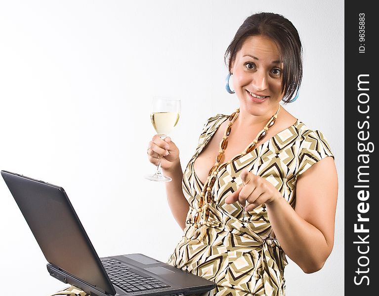 Girl with the notebook and bocal, behind a table, on white background