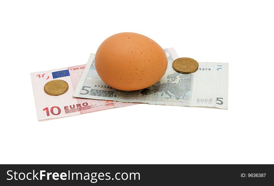 Brown egg on small euro banknotes with coins isolated. Brown egg on small euro banknotes with coins isolated