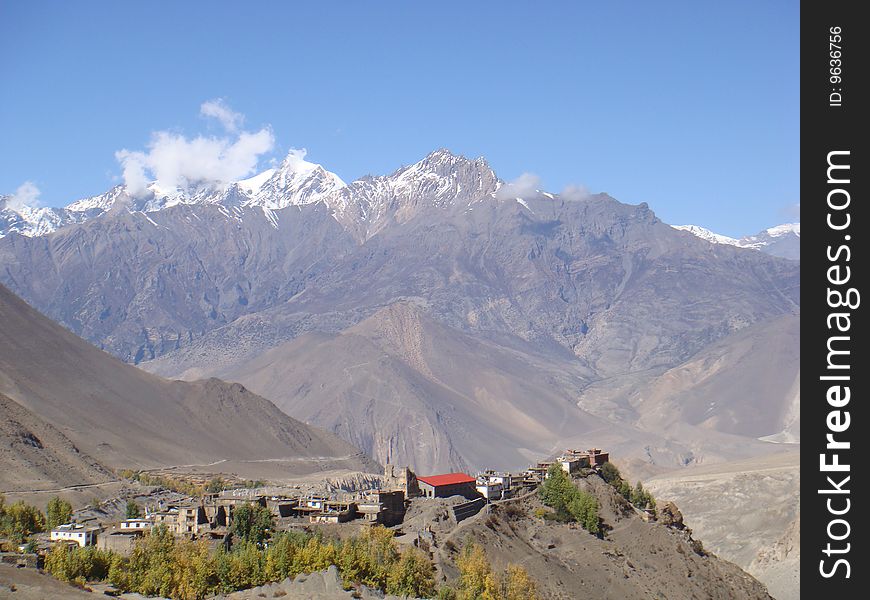 Village and mountains in muktinat valley. Village and mountains in muktinat valley