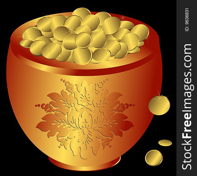 Metal pot with gold coins on a black background. Metal pot with gold coins on a black background