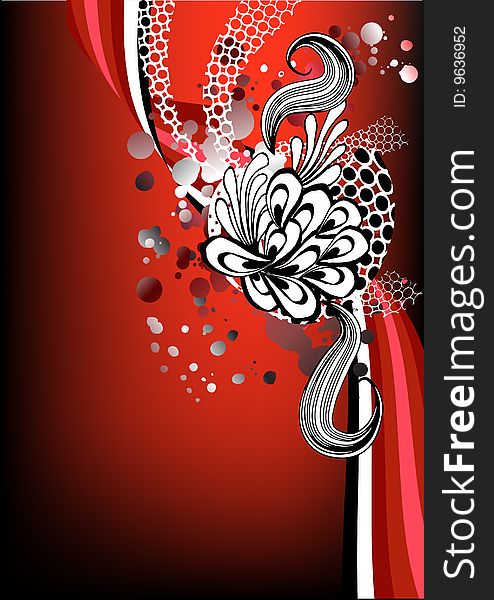 Floral retro graphic with swirls, dots and flowers on red background. space for text. Floral retro graphic with swirls, dots and flowers on red background. space for text