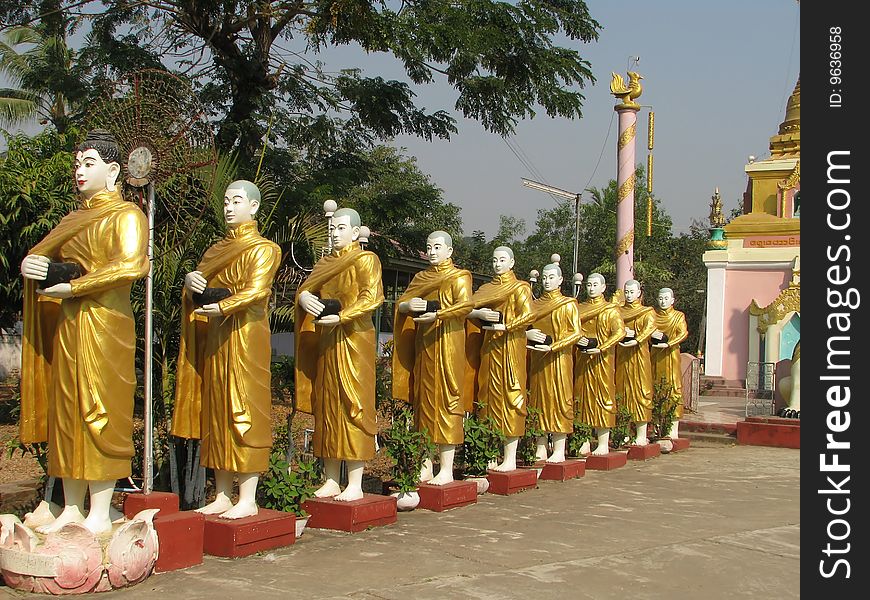 Statues of Buddha with eight disciples in Myanmar, Burma. Statues of Buddha with eight disciples in Myanmar, Burma.