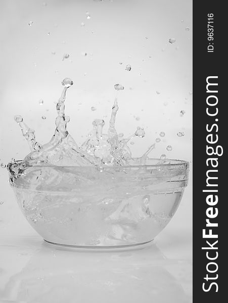 Water splashes from transparent glass bowl