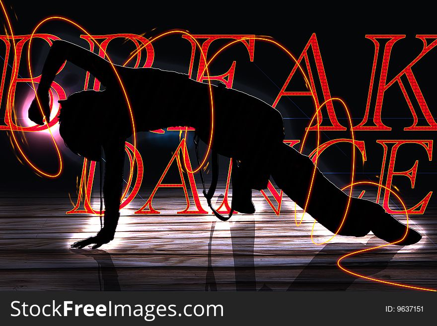 Rendering of a break dancer on stage in silhouette made in photoshop