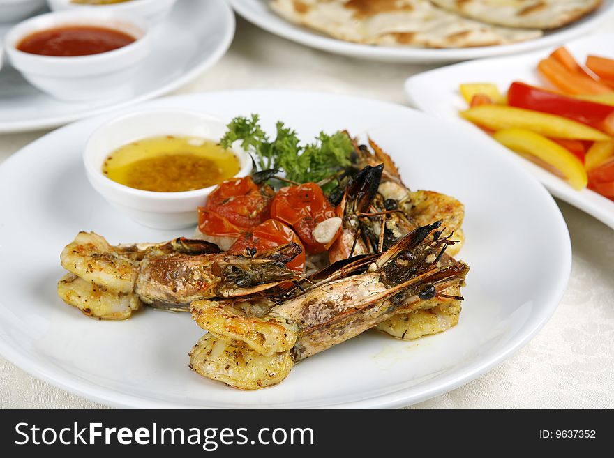 Fried royal shrimps decoration and pineapple