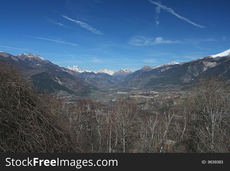 Looking into the valley in the French Alps. Looking into the valley in the French Alps.