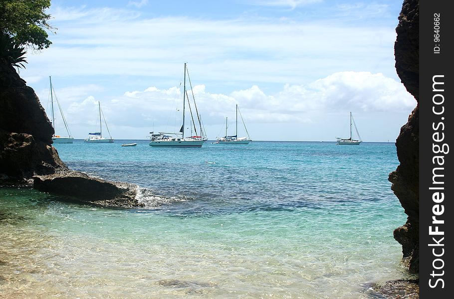 A view of yachts floating in the sea, Bequia, SVG. A view of yachts floating in the sea, Bequia, SVG