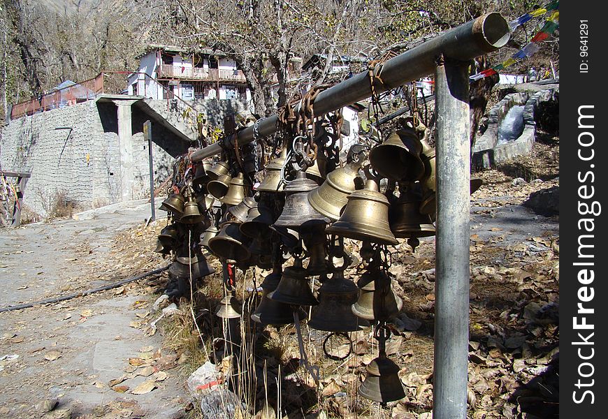 A lot of prayer bells in muktinat monastery