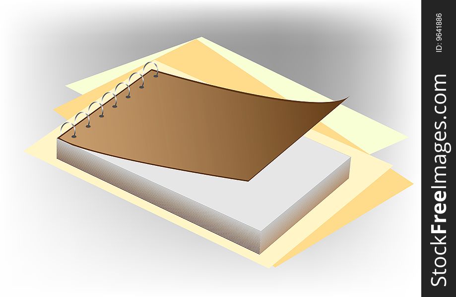 Vector color illustration of a notebook laying on sheets of a paper