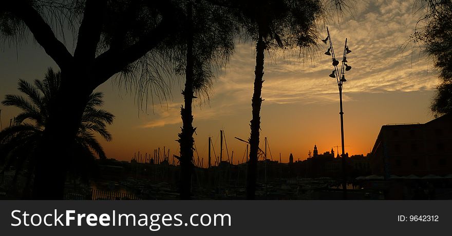 Barcelona Sunset Landscape Silhouette