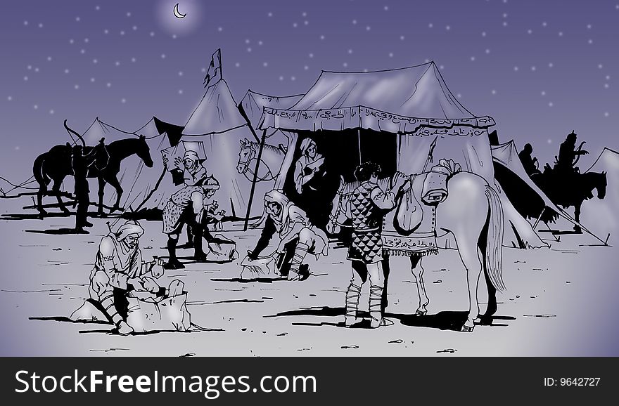 Hand-made illustration: in the Berber camp some warriors preparing for a long travel in the desert at night. Hand-made illustration: in the Berber camp some warriors preparing for a long travel in the desert at night.