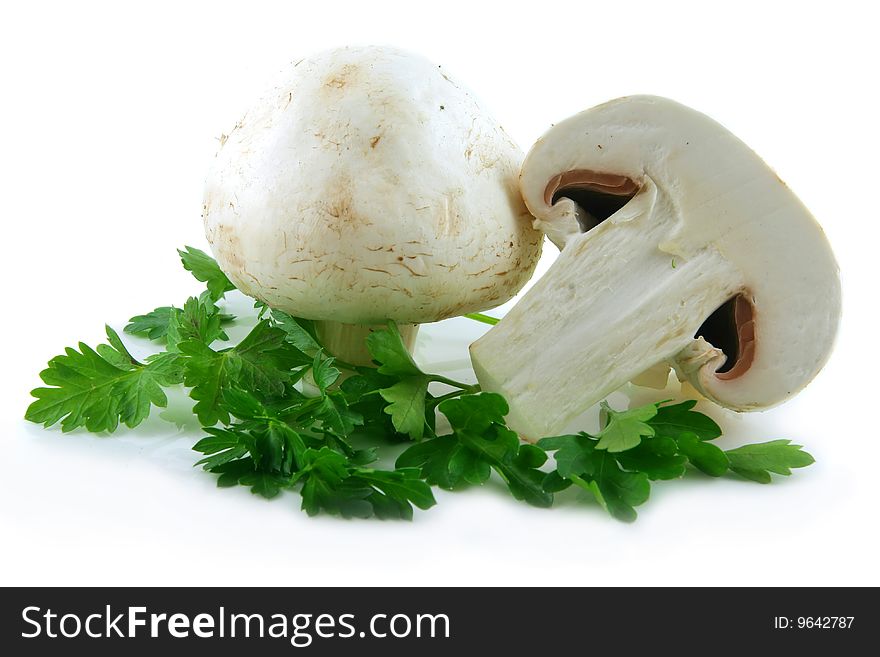 Champignon Mushrooms and Parsley Isolated on White Background