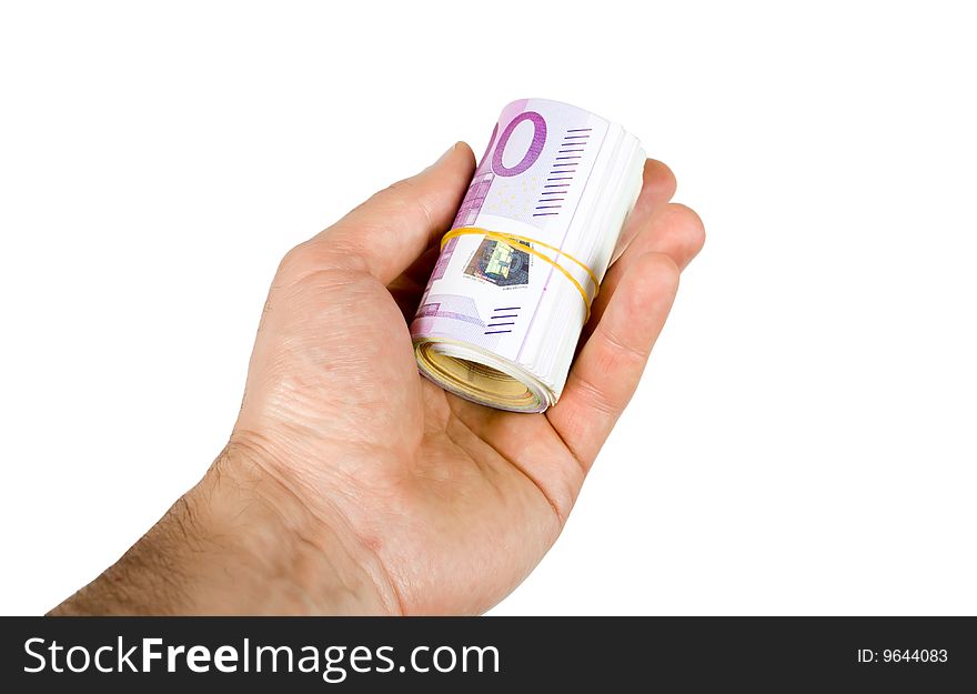 Man hand with rolled euro.Isolated on white. Man hand with rolled euro.Isolated on white.