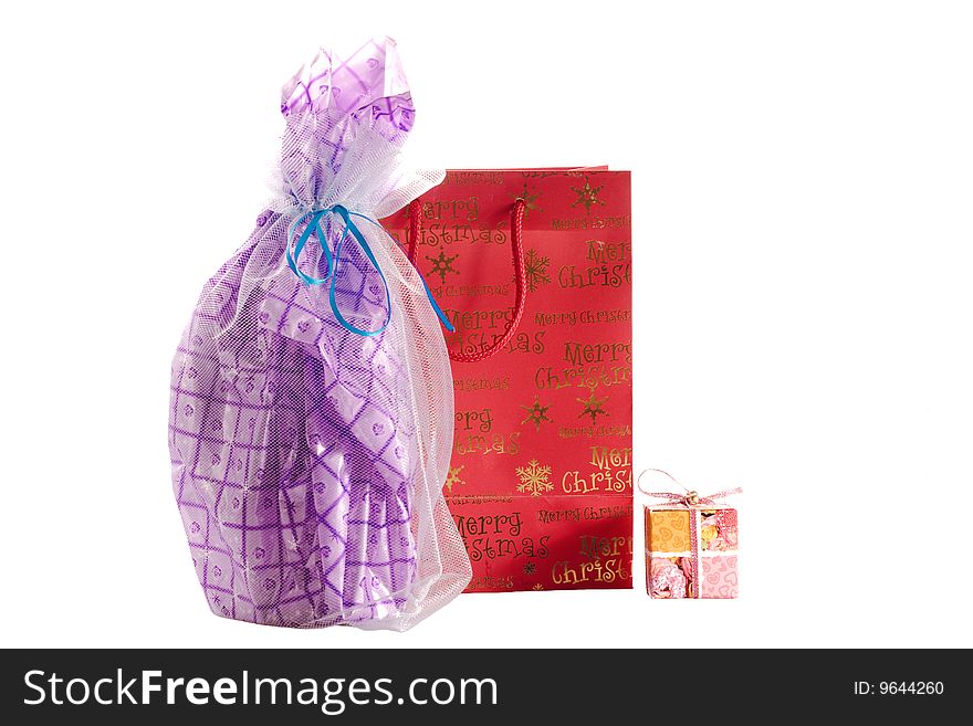 Gift packages and box over white