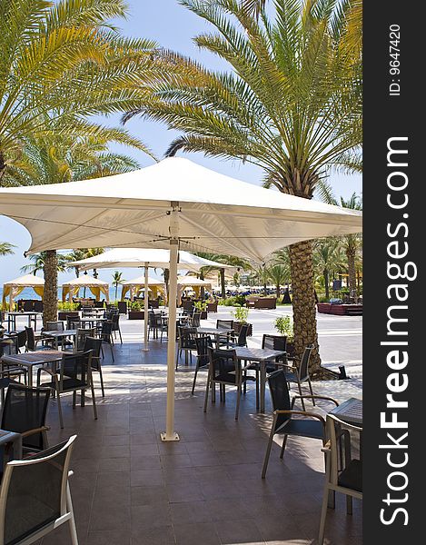 An outside restaurant at a hotel with nice place settings, surrounded by palm trees.