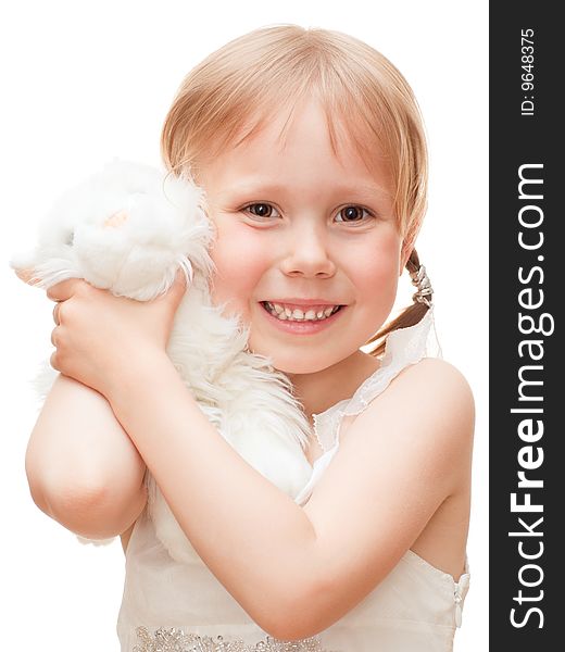 High key portrait of a little girl with a toy isolated on white