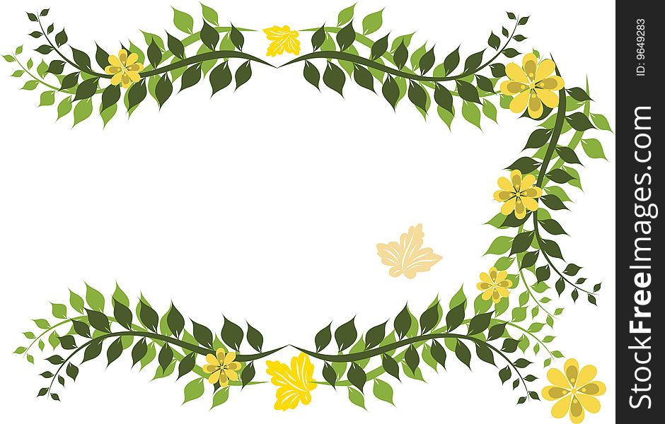 Green leaf and yellow flowers with place for text