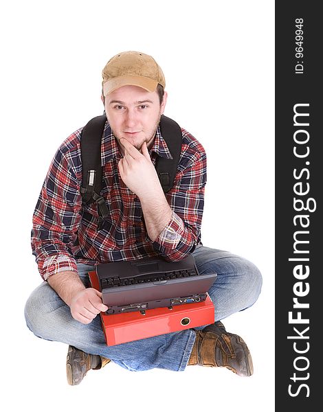 Casual student sitting on white background