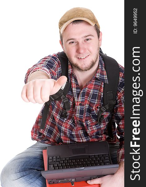 Casual student sitting on white background