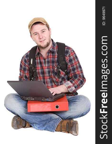 Casual student sitting on white background