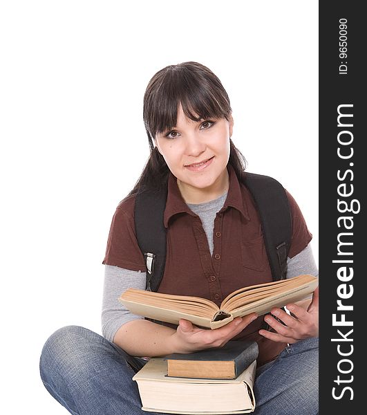 Happy brunette woman with books. over white background. Happy brunette woman with books. over white background