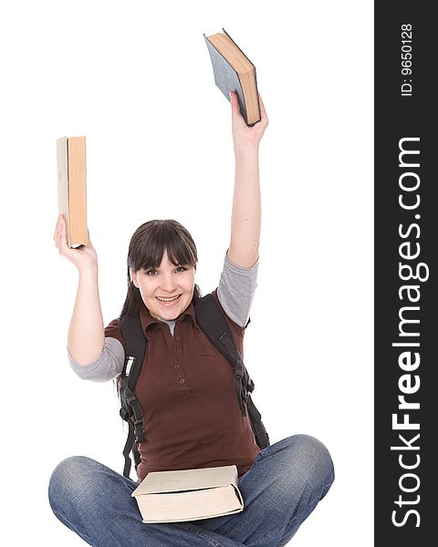 Happy brunette woman with books. over white background. Happy brunette woman with books. over white background