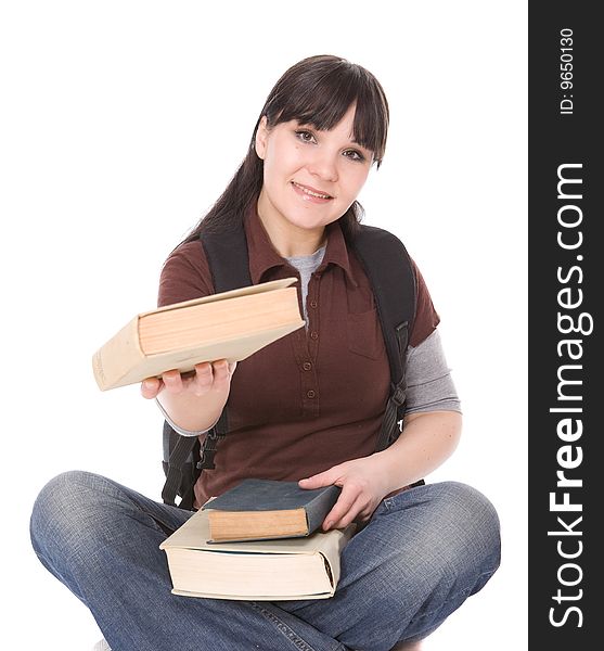 Happy brunette woman with books. over white background. Happy brunette woman with books. over white background