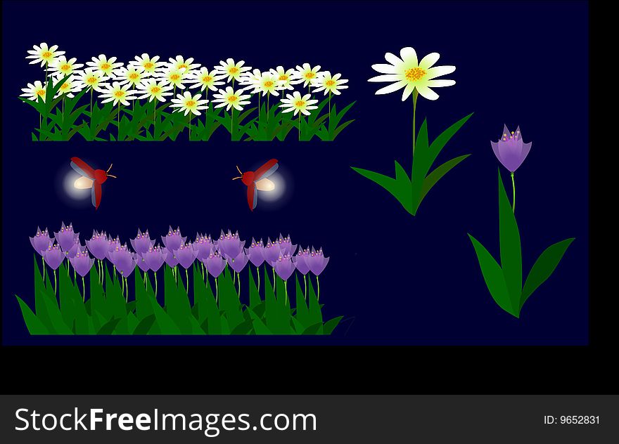 Flowers And Fireflies - Illustrator -material