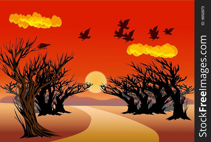 The trees under the Sunset . the birds was Flying home---. The trees under the Sunset . the birds was Flying home---