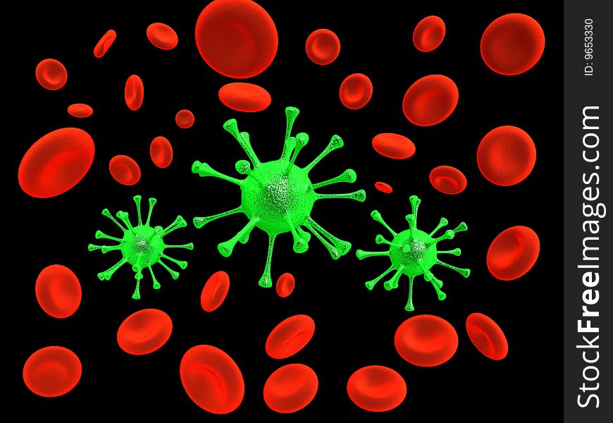 A 3d image of many red cells and three bacterias on black background. A 3d image of many red cells and three bacterias on black background.