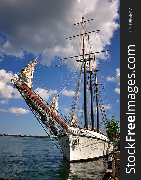 3 masted schooner moored by the lake. 3 masted schooner moored by the lake