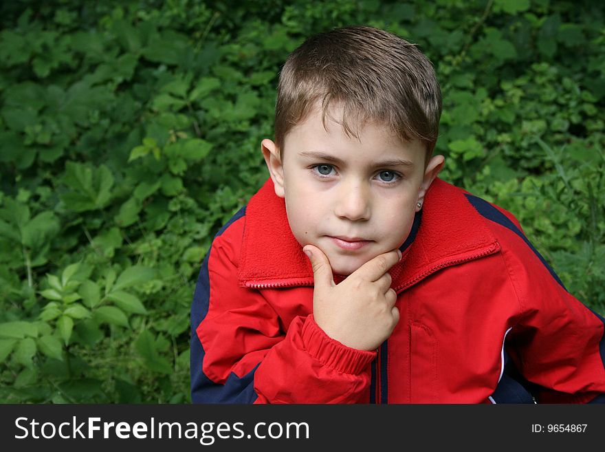 Boy with a red blouse over a tree into the forest looking into the camera and full of thoughtful. Boy with a red blouse over a tree into the forest looking into the camera and full of thoughtful