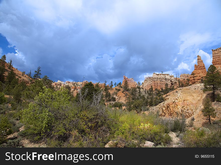 View of the red rock formations in Bryce Canyon National Park