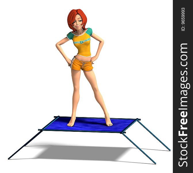 Rendering of a cartoon girl who jumps on a trampoline. With Clipping Path and shadow over white. Rendering of a cartoon girl who jumps on a trampoline. With Clipping Path and shadow over white