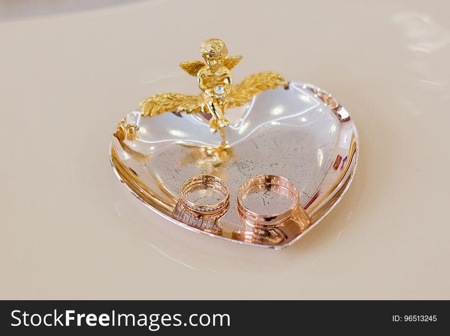 Wedding rings on a plate in the registry office