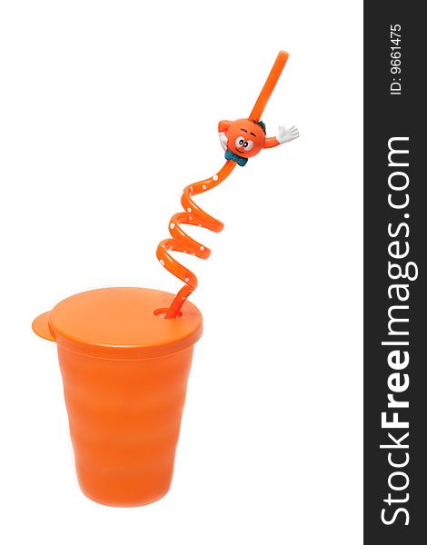 Plastic orange glass pipe for cocktail on white background