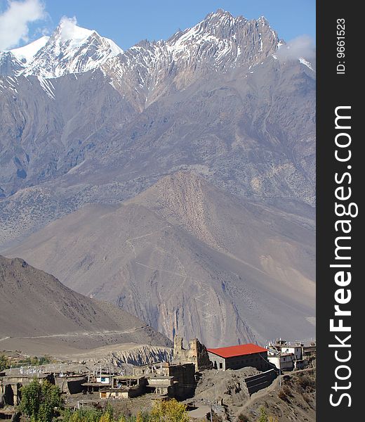 View of nepali village with ruin fort. View of nepali village with ruin fort