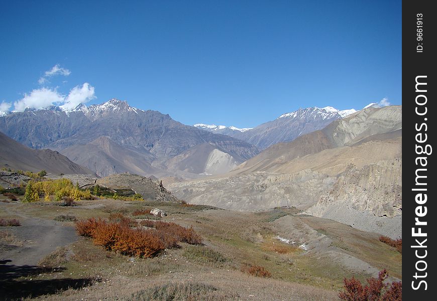 Mountain autumn landscape in muktinat region of nepal