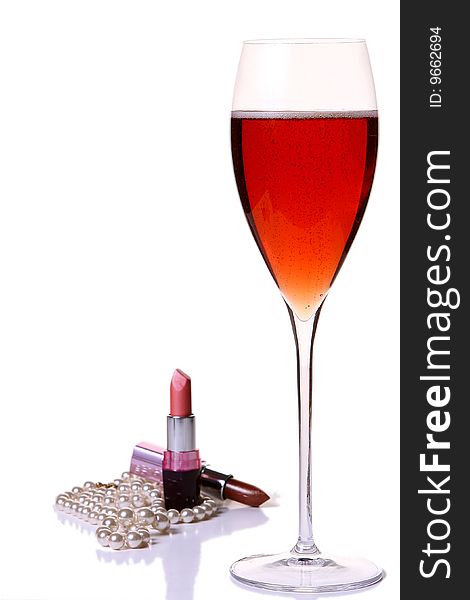 Pink lipstick with red champagle glass