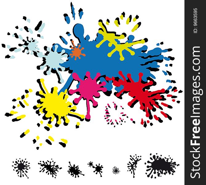 Several abstract inkblots in colors and in black