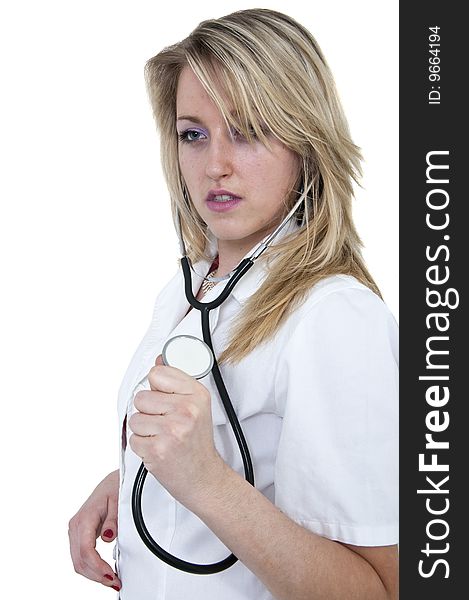 Young woman doctor holding a stethoscope. Young woman doctor holding a stethoscope