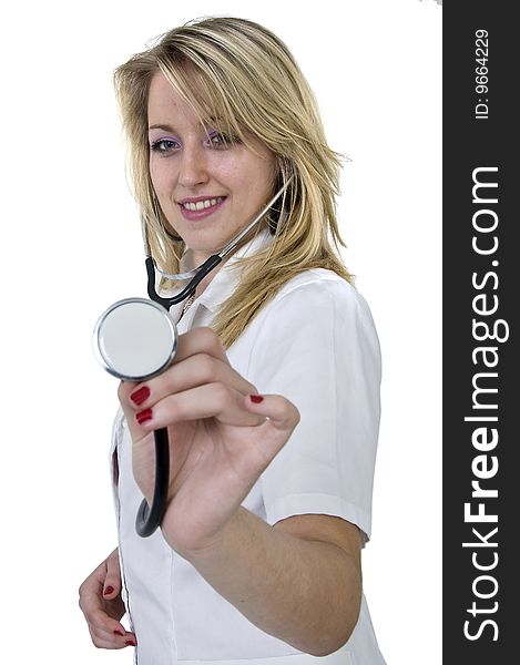 Young female doctor holding a stethoscope. Young female doctor holding a stethoscope