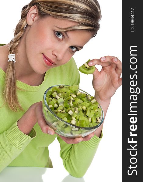 Woman holding slice of kiwi on white background. Woman holding slice of kiwi on white background