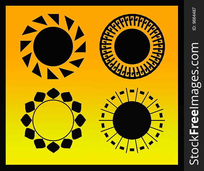 Circular ornaments like sun on the yellow background. Circular ornaments like sun on the yellow background