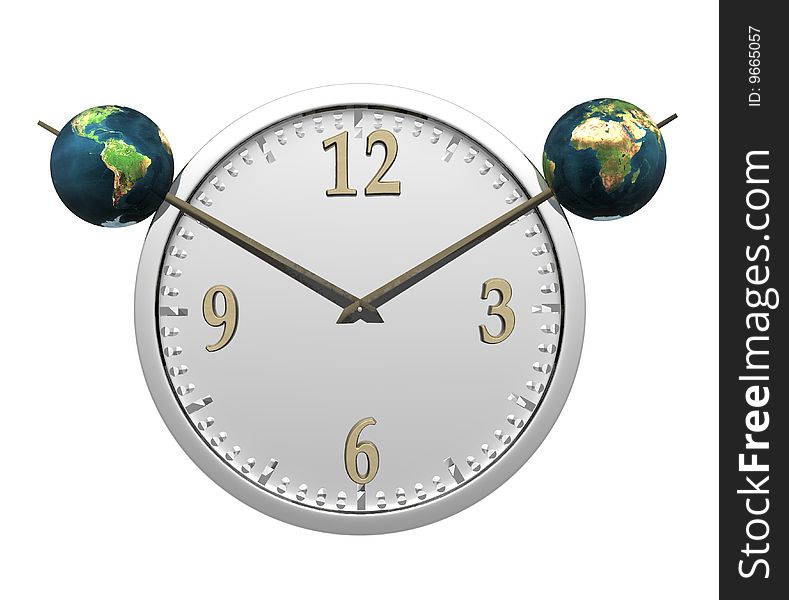 Wall clock with two earth isolated on white