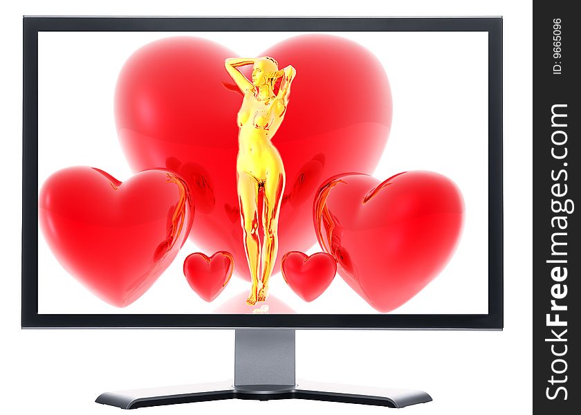 Monitor With 3d Virtual Girl With Red Hearts