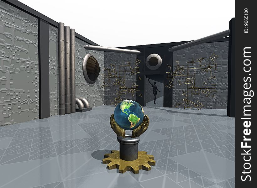 Futuristic room interior with globe