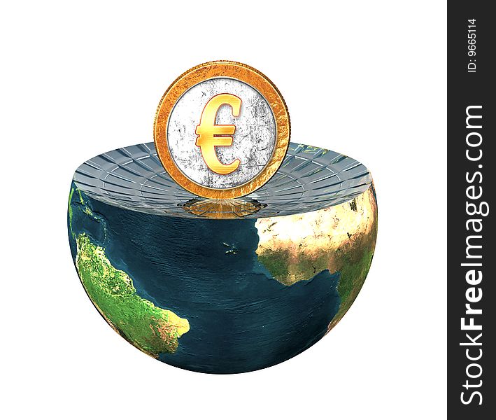 Euro coin on earth hemisphere isolated on a white