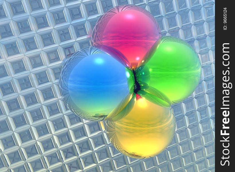 4 bright color balls on a grid background