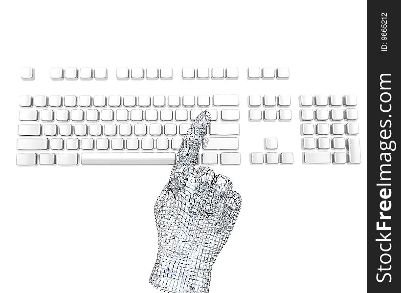 Finger pushing key on keyboard isolated on white